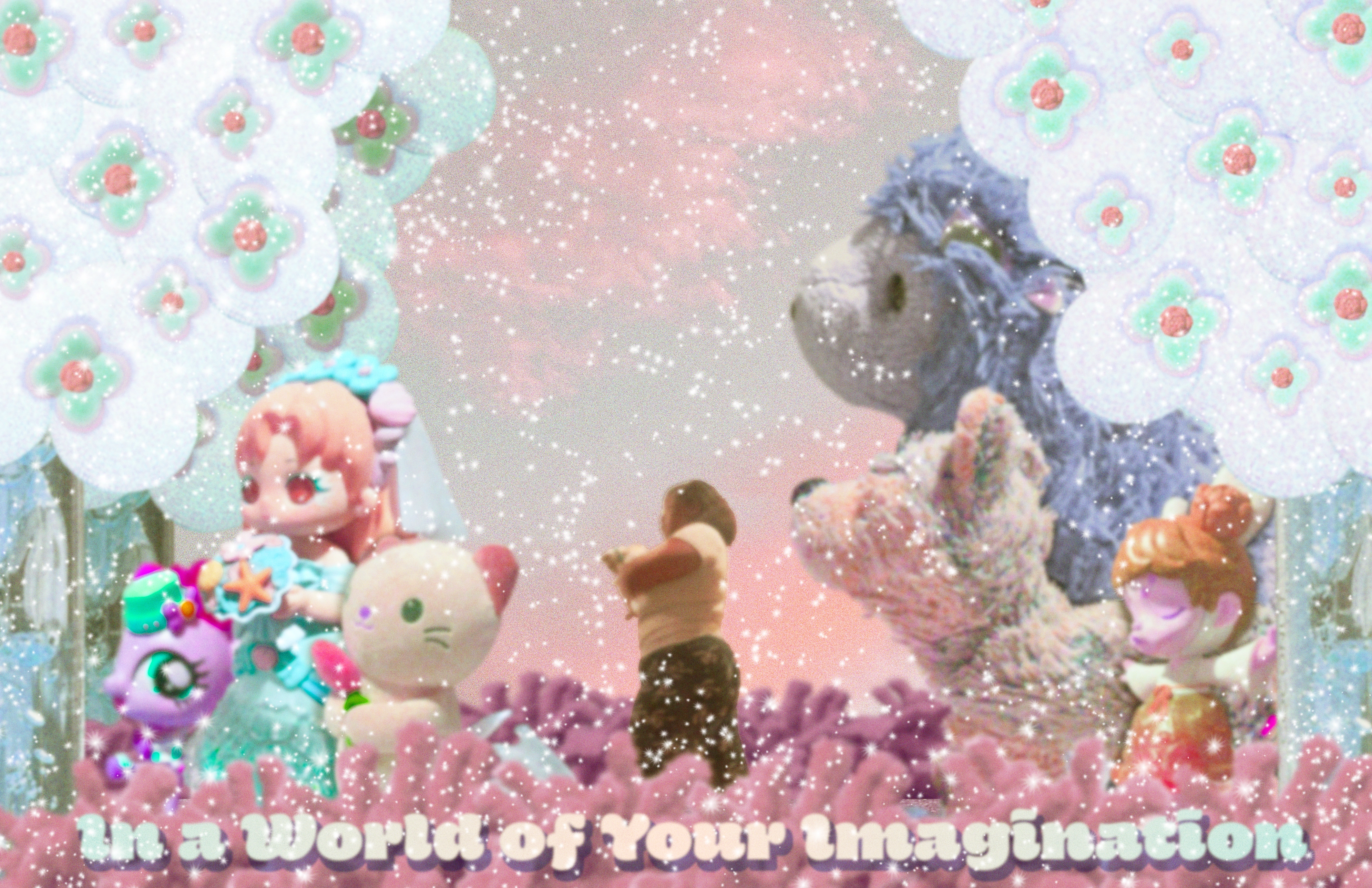 A girl in a dreamscape world with a pink poodle, wolf, a bunny girl, Pinkie Pie from My Little Pony, a cat with a flower, and a mermaid bride.